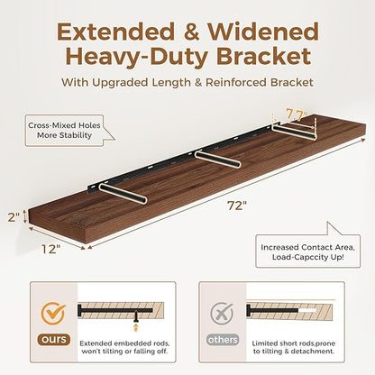 Fun Memories 72 Inch Floating Shelf, 12 Inch Deep Wall Shelf for Fireplace Mantel, Deep Storage Shelves for Home & Office, Wall Shelves with Invisible Bracket, Walnut, Set of 1