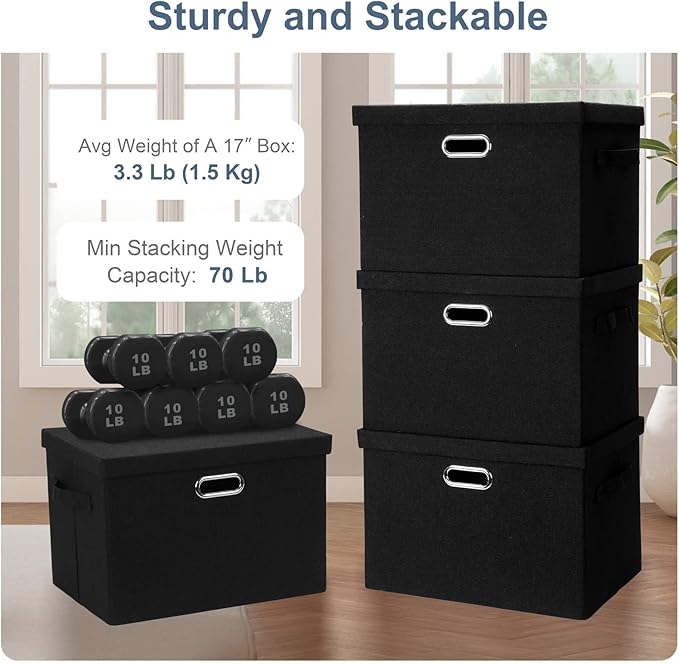 Large 17" 36 Quart Collapsible Stackable Storage Bins with Lids, 5 Packs Black Linen Fabric Closet Boxes with Lids, Storage Cube Baskets Container Organizers for Bedroom Office(17 x12 x11)
