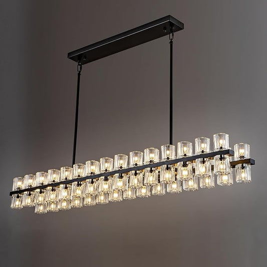 Crystal Black Rectangular Chandelier Light Fixture,54 in Dining Room Chandeliers Over Table,Modern Chandeliers For Living Room,Arcachon Chandelier,Kitchen Island Chandeliers Includes 60xG4 Bulbs