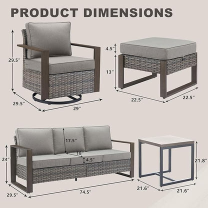 Outdoor Wicker Patio Furniture Set - 8 Piece Patio Conversation Set with 4 Wicker Swivel Rocker Chairs,2 Rattan Ottoman 1 Side Table and 1 Couch,Thick Cushions,Deep Seating(Mixed Grey/Grey)