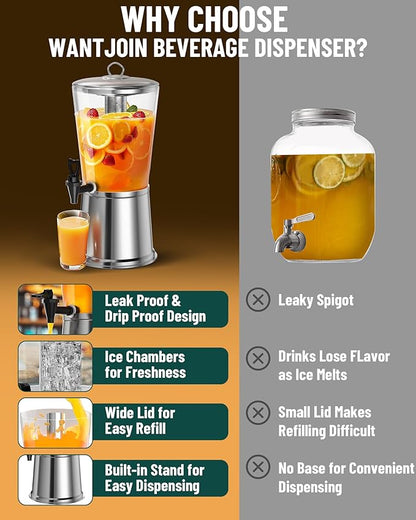WantJoin Beverage Dispenser With Stand, Drink Dispenser for Party, Stainless Steel Water Dispenser with Ice Core, Spigot, Drink Jar Jug For Home Parties Lemonade, Clear Acrylic, 2-GALLONS 8 Liters