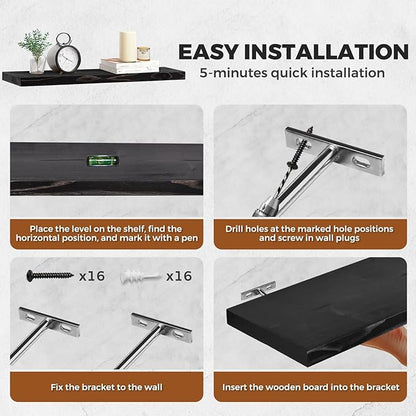 Floating Wall Shelves 4-Pack - Rustic Black 16-inch Wooden Wall Shelves for Storage and Décor, Multi-Functional and Easy to Install for Living Room, Bedroom, and Kitchen