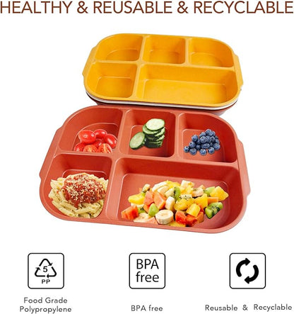 greenandlife 10.8 Inch 4PCS Divided Plates for Kids Adults, Portion Control Plates, Dishwasher & Microwave Safe Compartment Plate, Unbreakable Lightweight Reusable Wheat Straw Plates, Sunset