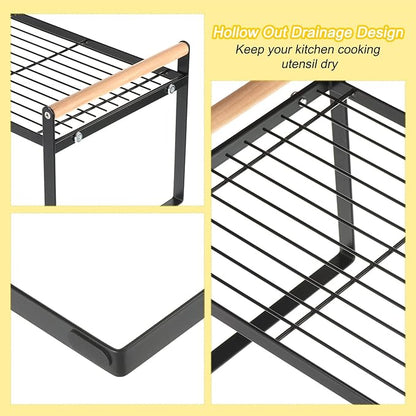 PATIKIL Kitchen Cabinet Shelf Organizer, Wood Counter Shelf Stackable Storage Shelf For Cupboard, Pantry, Corner, Under Sink - Black