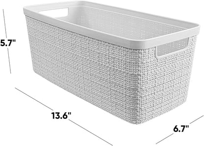 Curver Jute Decorative Plastic Organization and Storage Basket Perfect Bins for Home Office, Closet Shelves, Kitchen Pantry and All Bedroom Essentials, Slim, White, Set of 8