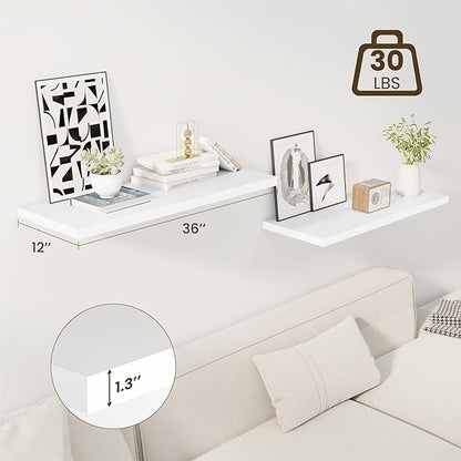 36" Floating Shelves for Wall, 12" Deep Slim White Floating Shelves, Wall-Mounted Shelves for Bedroom, Living Room, Kitchen, Bathroom - Set of 2