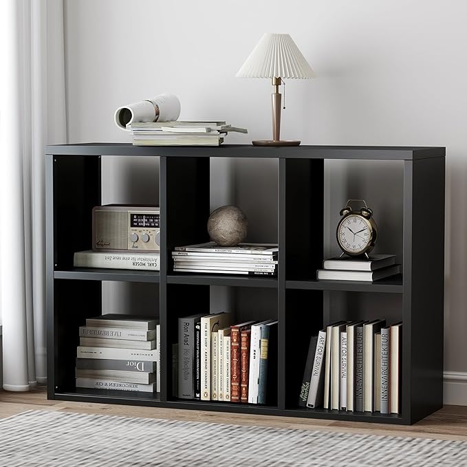 6 Cube Storage Organizer, Black Bookshelf with Storage, 2 Tier Storage Cubes, Freestanding Storage Organizer with Shelves for Living Room, Study