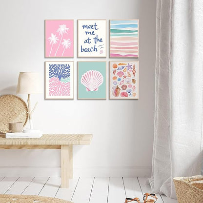 6 Pcs Coastal Beachy Wall Art Tropical Summer Shell Ocean Paintings Prints Posters Trendy Pink Preppy Palm Tree Canvas Wall Decor Aesthetic for Bedroom Living Room Dorm Apartment 8x10inch Unframed