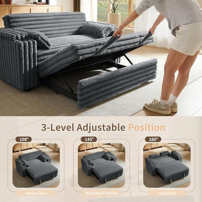 68.11" Corduroy Convertible Sofa Bed with USB Charging Port, Foldable Sleeper Chair with Pillows & Armrests, 3-in-1 Floor Couch for Living Room, Bedroom, Guest Room – Dark Gray