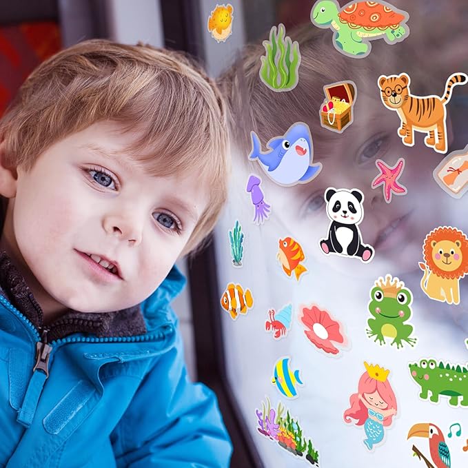 Window Clings Stickers for Kids Window Gel Clings Decals Thick Gel Clings Toddlers and Adults Classroom Home Nursery Airplane Birthday Party Supplies (Jungle Animals + Sea Animals)