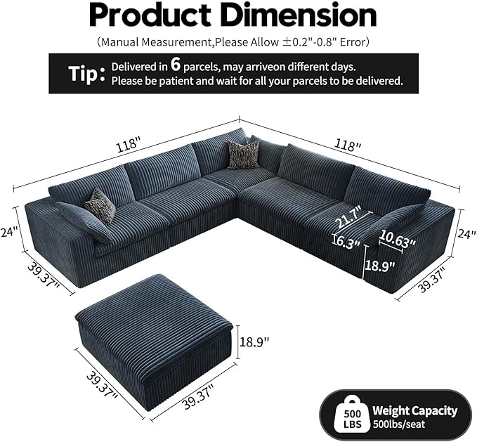 118" Cloud Couch Oversized Modular Sectional Sofa for Living Room,Modern Sofa with Deep Seat，6 Seater Boneless Couch,Comfy Upholstered Corduroy Couches for Apartment, Studio, Office,Bedroom，Blue