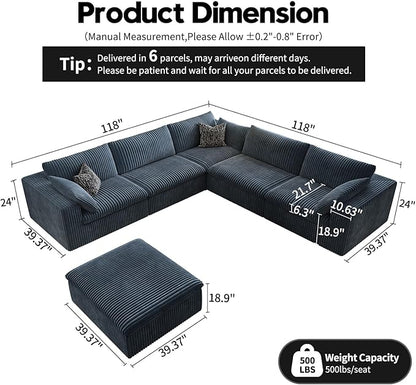 118" Cloud Couch Oversized Modular Sectional Sofa for Living Room,Modern Sofa with Deep Seat，6 Seater Boneless Couch,Comfy Upholstered Corduroy Couches for Apartment, Studio, Office,Bedroom，Blue