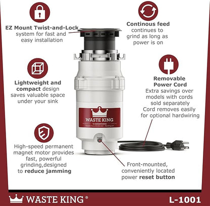 Waste King Garbage Disposal for Kitchen Sink with Power Cord, L-1001