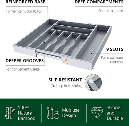 Luxury Bamboo Kitchen Drawer Organizer - Silverware Organizer - Utensil Holder and Cutlery Tray with Grooved Drawer Dividers for Flatware and Kitchen Utensils (9 Slot, Gray)