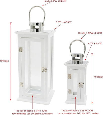 CVHOMEDECO. Decorative Elegant Wood Hurricane Candle Lantern with Stainless Top and Glass Inserts for Home Patio Outdoor Decor. White, Set of 2