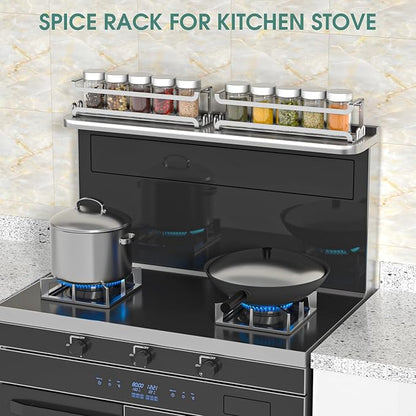 LUCYCAZ 2 Pack Wall Mounted Spice Rack with 16 Hooks, Spice Organizer Shelf for Stove Cabinet Pantry Door,Screw or Adhesive Spice Shelf Hanging Wall Spice Rack in Kitchen and RV (Silver, 2 PACK)