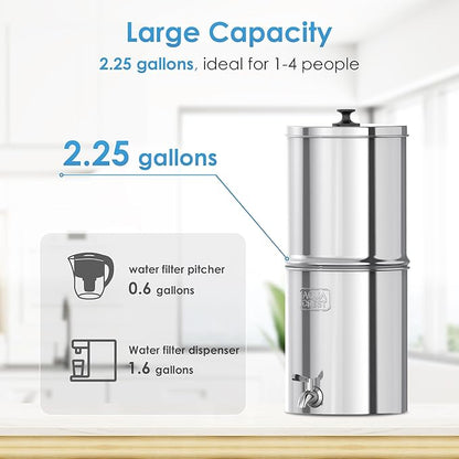AQUA CREST Gravity Water Filter System, NSF/ANSI 42&372 Certified Black Carbon Filters, Reduce Lead and Up to 99% Chlorine, 2.25G, for Home, Camping, RVing, Off-Grid, Emergencies, AQ-TN-A