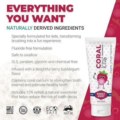 Coral White Kids Bubble Berry Fluoride Free Toothpaste - 4 Ounces (1 Pack)