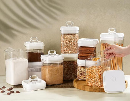 Felli Flip Tite Food Storage Container with Scoop & Lid 5" LARGE Airtight Ring Top, Acrylic Canister Jar for Sugar Flour Baking Powder Protein Rice Pasta Kitchen Organizer Gift Set (10pk, Variety)