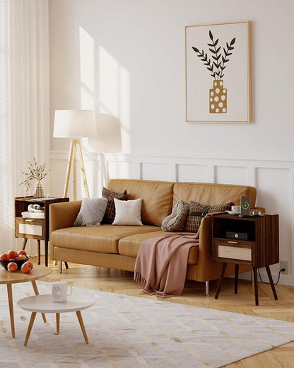Rattan Nightstand with Outlet,Modern Bedside Table with Storage Drawer and Open Wood Shelf, for Living Room, Bedroom and Small Spaces, Accent Night Stand with Solid Wood Legs,Walnut Brown