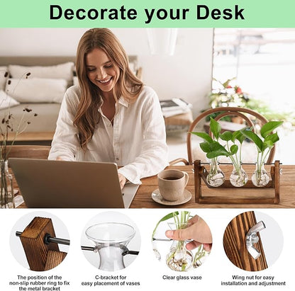YIBOT Propagation Stations,Plant Terrarium with Retro Wooden Stand, Unique Gardening Birthday Gifts for Women Plant Lovers, Hydroponics Plants Home Office Garden Decor - 3 Bulb Glass Vases