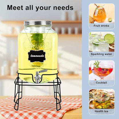 2 Gallon Glass Drink Dispensers For Parties,Beverage Dispensers With Stand And 100% Leakproof Stainless Steel Spigot.Glass Water Jug Dispenser,Lemonade Dispenser,Mason Jar.