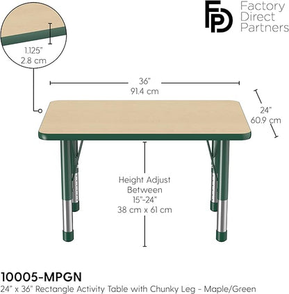 Factory Direct Partners FDP Rectangle Activity School and Classroom Kids Table (24 x 36 inch), Chunky Toddler Leg, Adjustable Height 15-24 inches - Maple Top and Green Edge