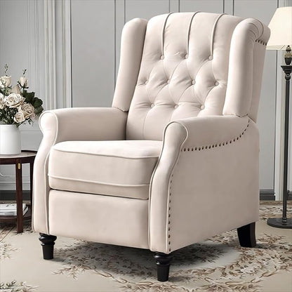 EBELLO Pushback Recliner Chair, Fabric Armchair Push Back Recliner with Rivet Decoration, Mid Century Wingback Accent Chair for Living Room, Bedroom, Beige