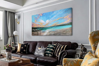 Arjun Ocean Teal Wall Art Canvas Coastal Beach Painting Blue Turquoise Landscape Sunset Picture, Panoramic Gold Foil Textured Large Artwork Framed for Living Room Bedroom Bathroom Wall Decor 48"x24"