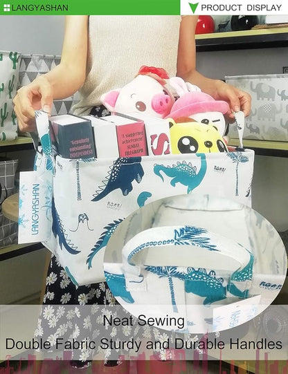 LANGYASHAN Rectangular Storage Bin Collapse Canvas Fabric Cartoon Storage Basket with Handles for Organizing Home Kitchen Boys and Girls Toys Office Closet Shelf Baskets (Rec green dinosaur)