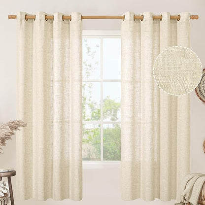 LAMIT Beige 72 inch Linen Curtains 2 Panels Set for Living Room, Soft Thick Linen Semi Sheer Light Reducing Bronze Grommet Window Treatments Neutral Drapes for Bedroom, 52 x 72 Inch