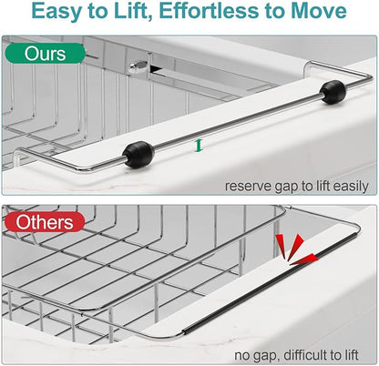 GSlife Stainless Steel Dish Drying Rack - Capacity Expandable in Sink Dish Drainer with Silicone Mat, Over Sink Dish Rack with Utensil Holder for Kitchen Counter, Large Capacity, Silver