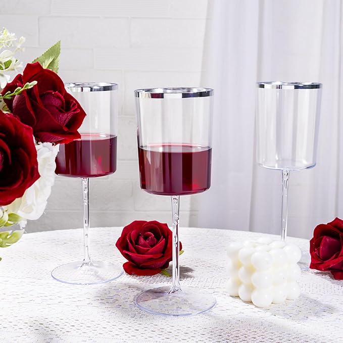 Ciaell 12 Pack Plastic Wine Glasses - 14 Oz Plastic Wine Glasses with Stem - Square Silver Disposable Stemmed Glass for Parties & Weddings & Outdoors