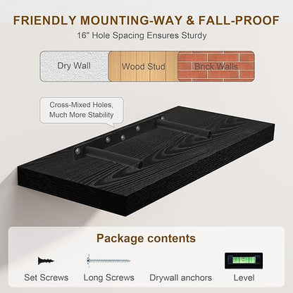 Fun Memories Black Floating Shelves 36 Inch Long, 8 Inch Deep Floating Shelf for Wall, 36" W x 8" D Wall Shelves Set of 2, Black Deep Floating Shelves for Bedroom, Living Room, Kitchen