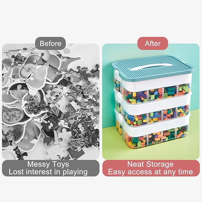 Toys Organizer Storage Case for Lego Box Kids Toy Stackable Building Blocks with Lids Bins Adjustable Lego Storage Containers Plastic Toy Box 1 Layer