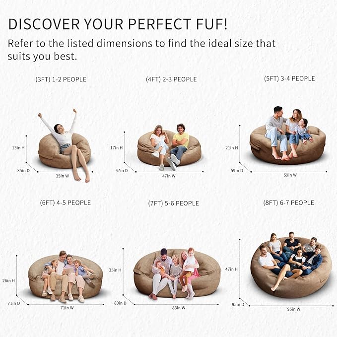 Bean Bag Chair for Adults 8FT,Soft Removable Cover for Teens/Girls Bedroom,Fluffy Giant Round Floor Beanbag Lounger Chairs (No Filler,Tan)