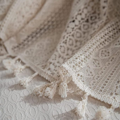 Sutuo Home Boho Sheer Curtain 108 Inches Long, Crochet Lace with Bohemian Hollow Knitted Handmade Tassels,Vintage Farmhouse Window Treatment for Bedroom, Rod Pocket, 1 Panel 59" W x 108" L, Beige
