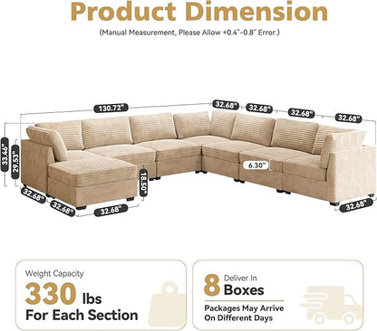 Modular Sectional Sofa with Chaise U Shaped Sectional Couch for Living Room, 8-Seater Comfy Cloud Couches with One Movable Ottoman, Plush Corduroy, Beige
