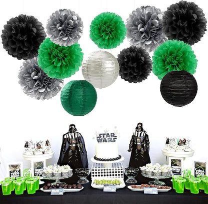 Green-Black Silver Party-Decorations Paper Flowers Lanterns - 15PCS Football Game Day Birthday Tissue Pom Poms Streamers, Bachelorette New Years Hanging Supplies Decor Hugfond