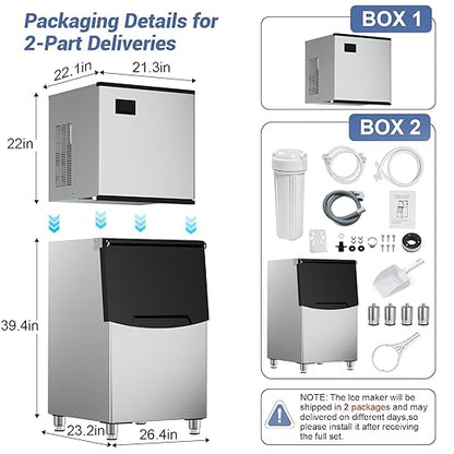 Commercial Ice Maker 600 Lbs/24H Ice Machine Large Capacity Stainless Steel, 182 Ice Trays Industrial Ice Machine, 350 Lbs Storage Commercial Ice Maker Machine Freestanding, Cube Ice Maker Commercial