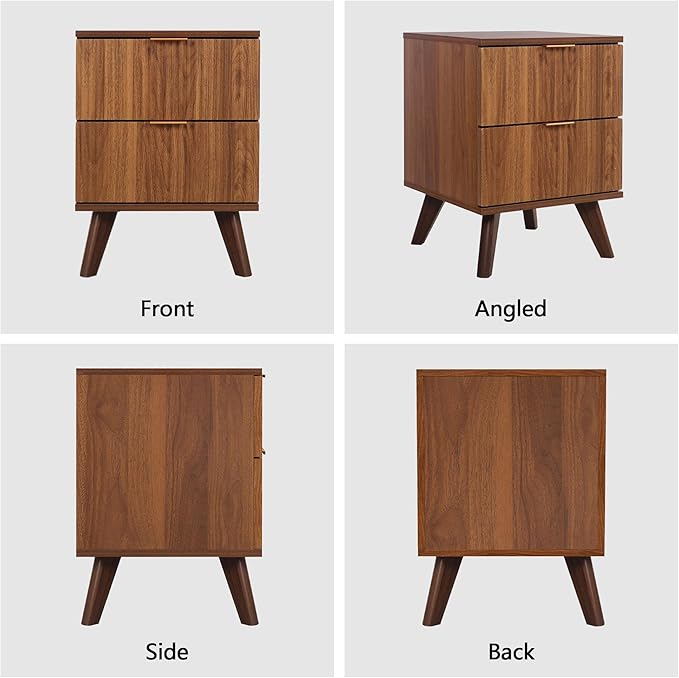 Fluted Nightstand, Mid Century Modern 2 Drawer Bedside Table for Bedroom, Small Dresser Night Stand Side End Table with Wood Fluted Drawer Storage for Bedroom Closet(Walnut)