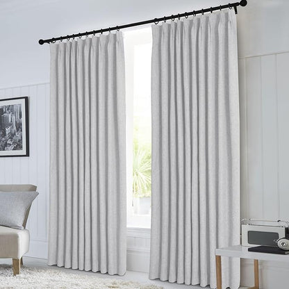 Macochico Pinch Pleated Blackout Linen Curtains 96 Inches Long 100% Light Blocking Burlap Curtains for Bedroom Living Room Thermal Window Panels with Tieback 72”Wx96”L Silver Grey 1 Panel