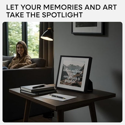 Homeforia 10x10 Black Picture Frame, High End Metal 10 by 10 Square Frames with Mat 8 x 8 Opening, 10by10 Poster Frames Matted to 8x8 Photo, Wall or Tabletop Frames, Tempered Glass, Wall Kit, Set of 1