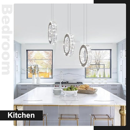 Buccleuch 3-Ring Crystal Chandelier, Dimmable LED Pendant Light Fixture Adjustable Stainless Steel Pendant Light, Silver Crystal Chandeliers for Dining Room, Bedroom, Living Room
