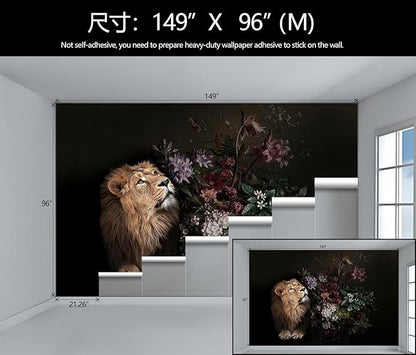 Lion Floral Wallpaper Nursery Wildlife Background Wall Mural Children's Room (Not Peel and Stick)