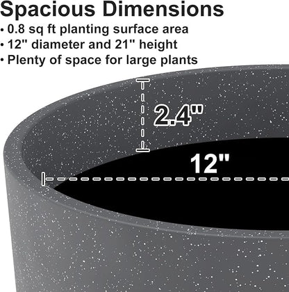 Tall Flower Pot Indoor - Outdoor Plant Pot - Black Glossy Planter - Elegant Stone Imitation - 12" Diameter 21" Tall with Drainage Holes and Saucer