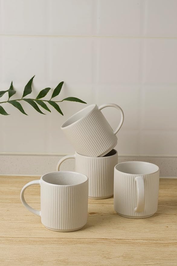 famiware Coffee Mug Set for 4, Star 12 oz Catering Mugs Cup Set with Handle for Coffee, Tea, Cocoa, Milk - Ceramic Stoneware Drinkware Set, Matte White