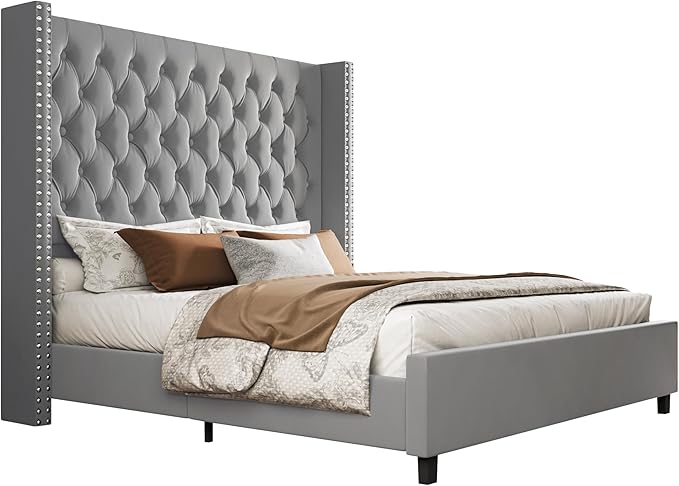 PaPaJet Queen Size Bed Frame with 61.4" Tall Headboard, Velvet Upholstered Platform and Handmade Deep Button Tufting, No Box Spring Required, Grey