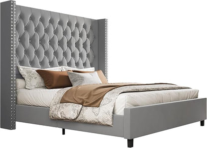 PaPaJet Queen Size Bed Frame with 61.4" Tall Headboard, Velvet Upholstered Platform and Handmade Deep Button Tufting, No Box Spring Required, Grey