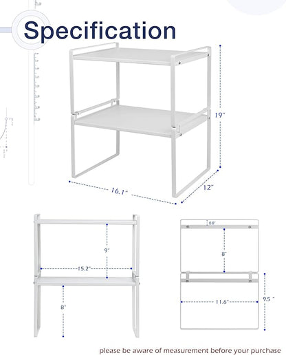 Nxconsu 2Pack Cabinet Shelves Stackable Shelf Organizer Rack Riser for Kitchen Cabinet Pantry Cupboard Counter Countertop Home Organization Storage Space Saver Heavy Duty Metal Nonslip White Wide Tall